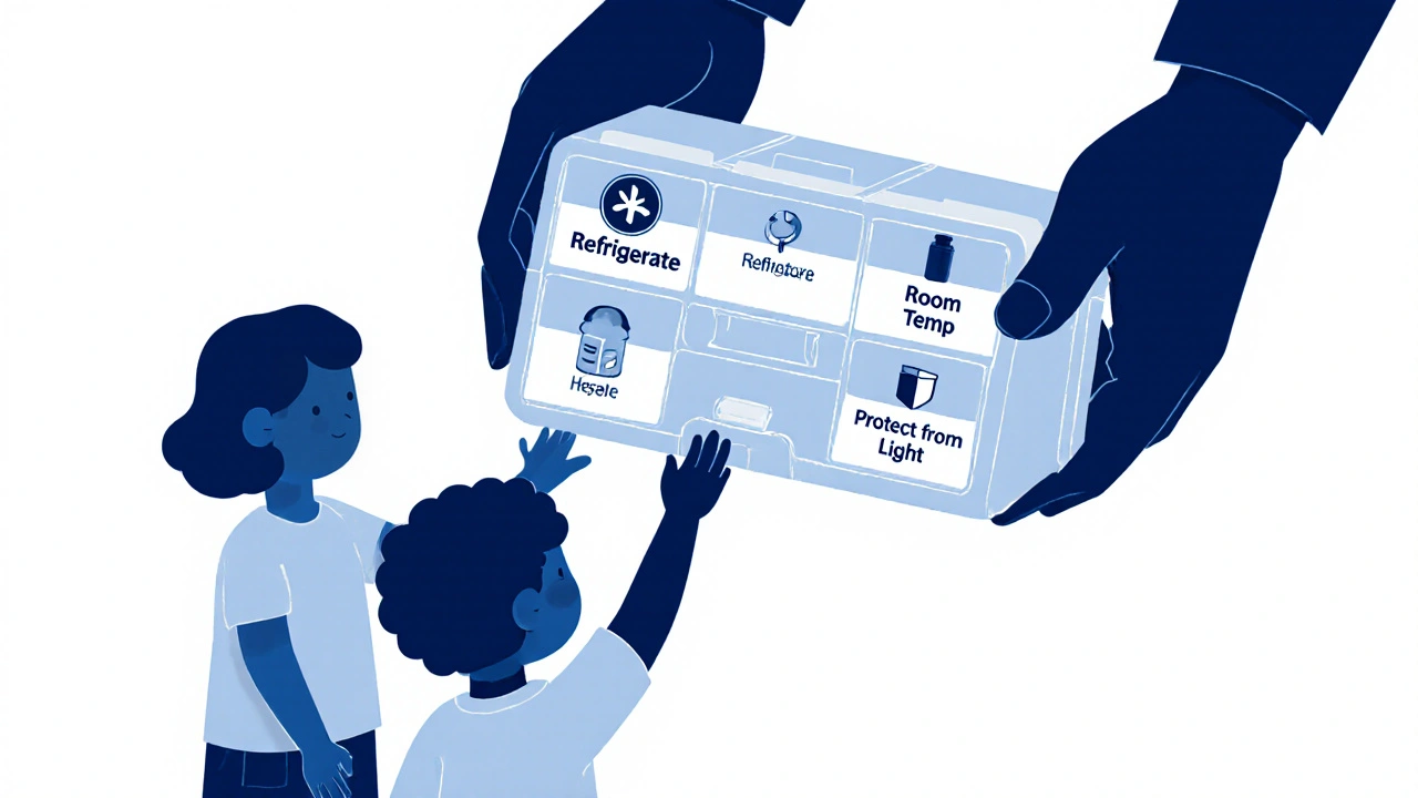 Family using labeled storage box with icons for medication categories