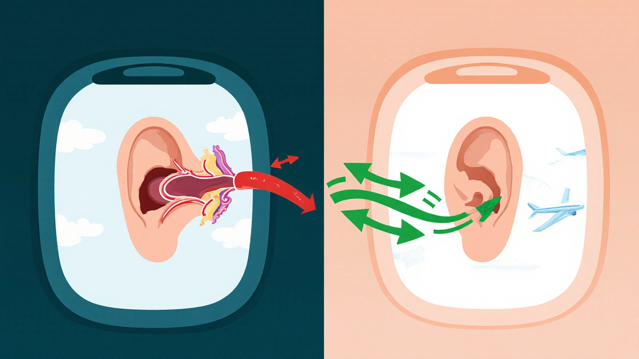 Illustrated cross-section of Eustachian tube showing blocked vs. open airflow during flight.