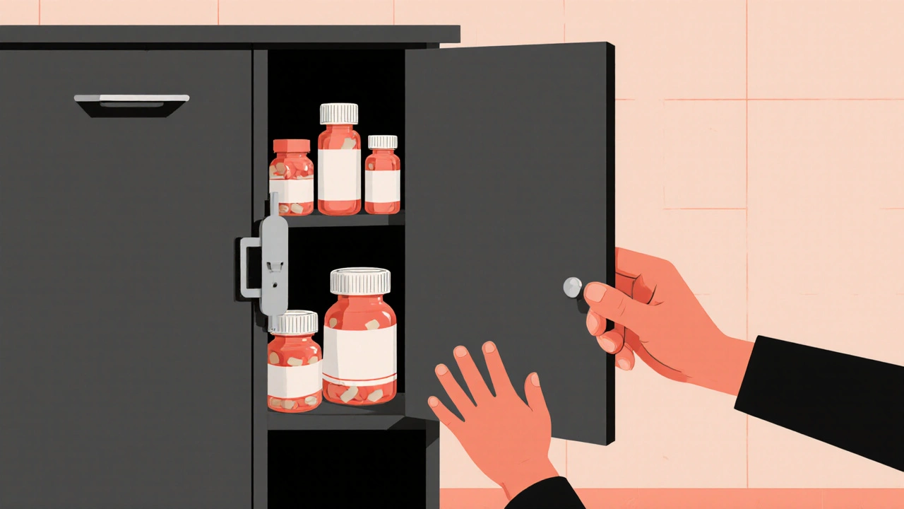 Locked kitchen cabinet with medicine safely stored out of a child&#039;s reach.