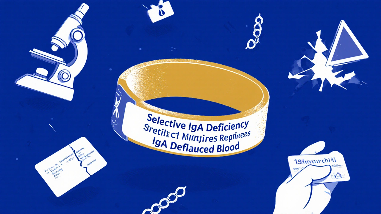 Medical alert bracelet with text floating beside icons of IgA deficiency and safety measures.