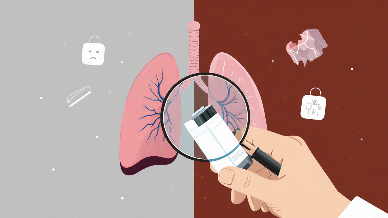 Medical worker inspecting expired inhaler with magnifying glass, healthy vs. collapsed lung split background.