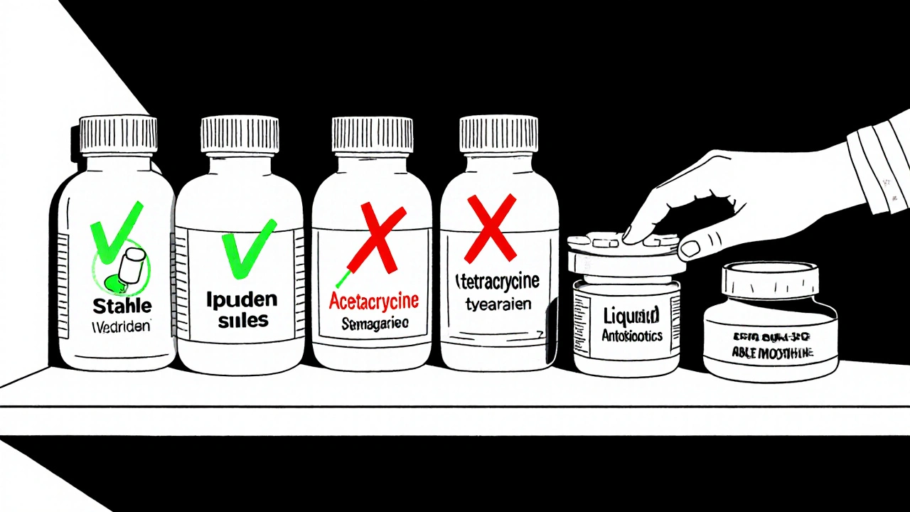 Medicine shelf with green checkmarks on safe pills and red X&#039;s on dangerous expired drugs.