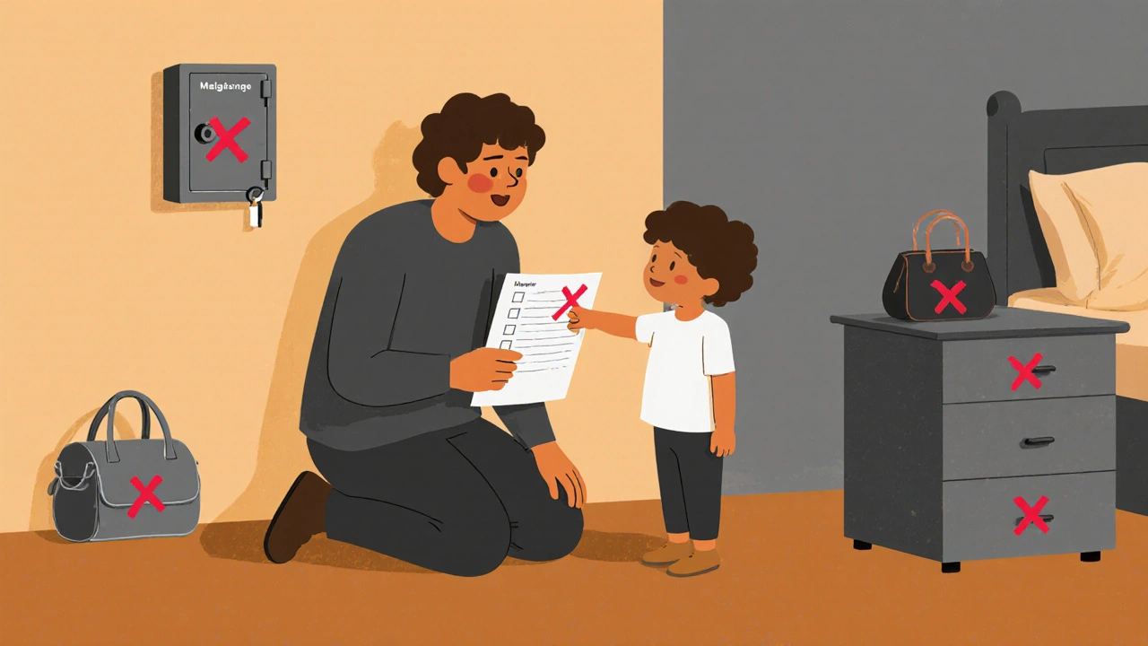 Parent and child checking medicine safety together with a weekly checklist.