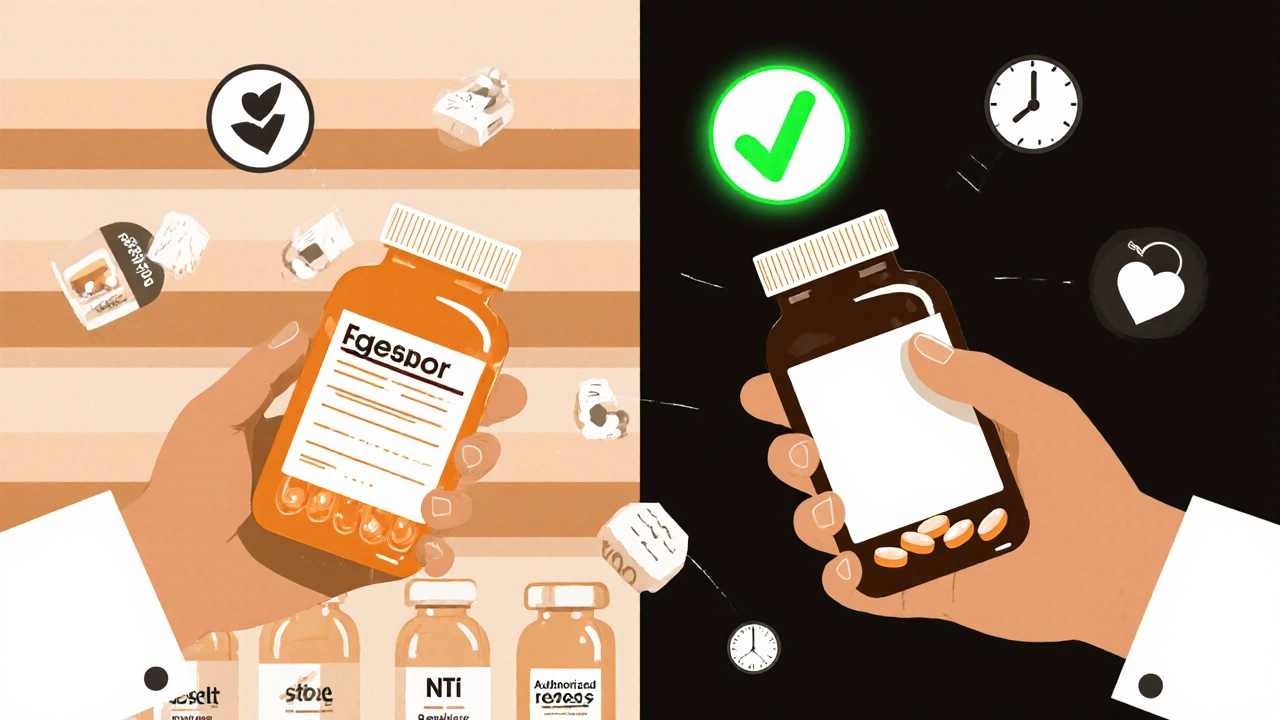 Patient switches from branded pill to authorized generic with green checkmark and allergy icons nearby.