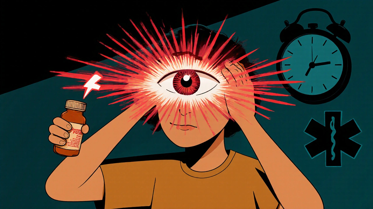 Person in distress with glowing eye pressure wave from medication-induced glaucoma.