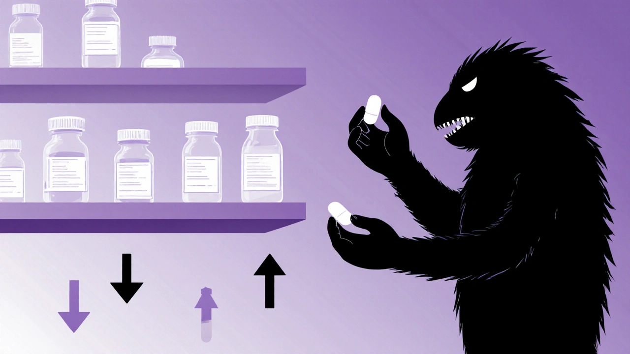 Person lowering insulin vials as steroid dose decreases, glucose arrows falling, hypoglycemia monster retreating.
