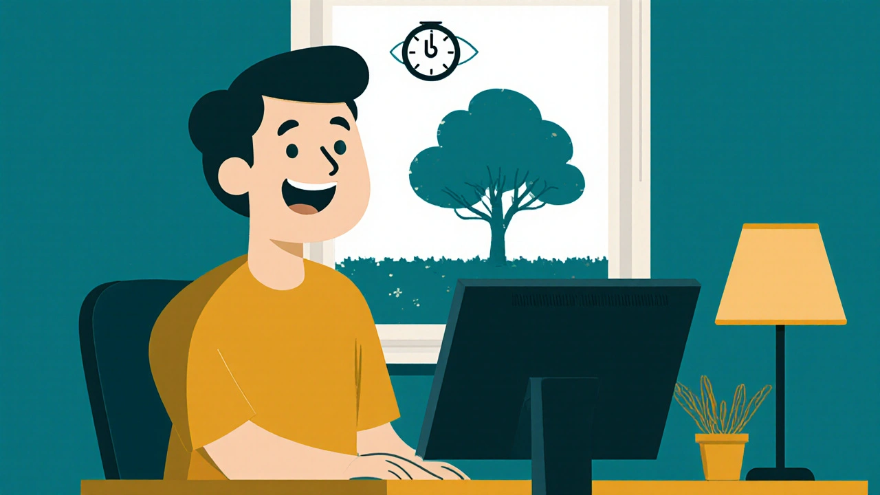 Person taking a 20-20-20 break by looking out a window, relaxed and smiling.