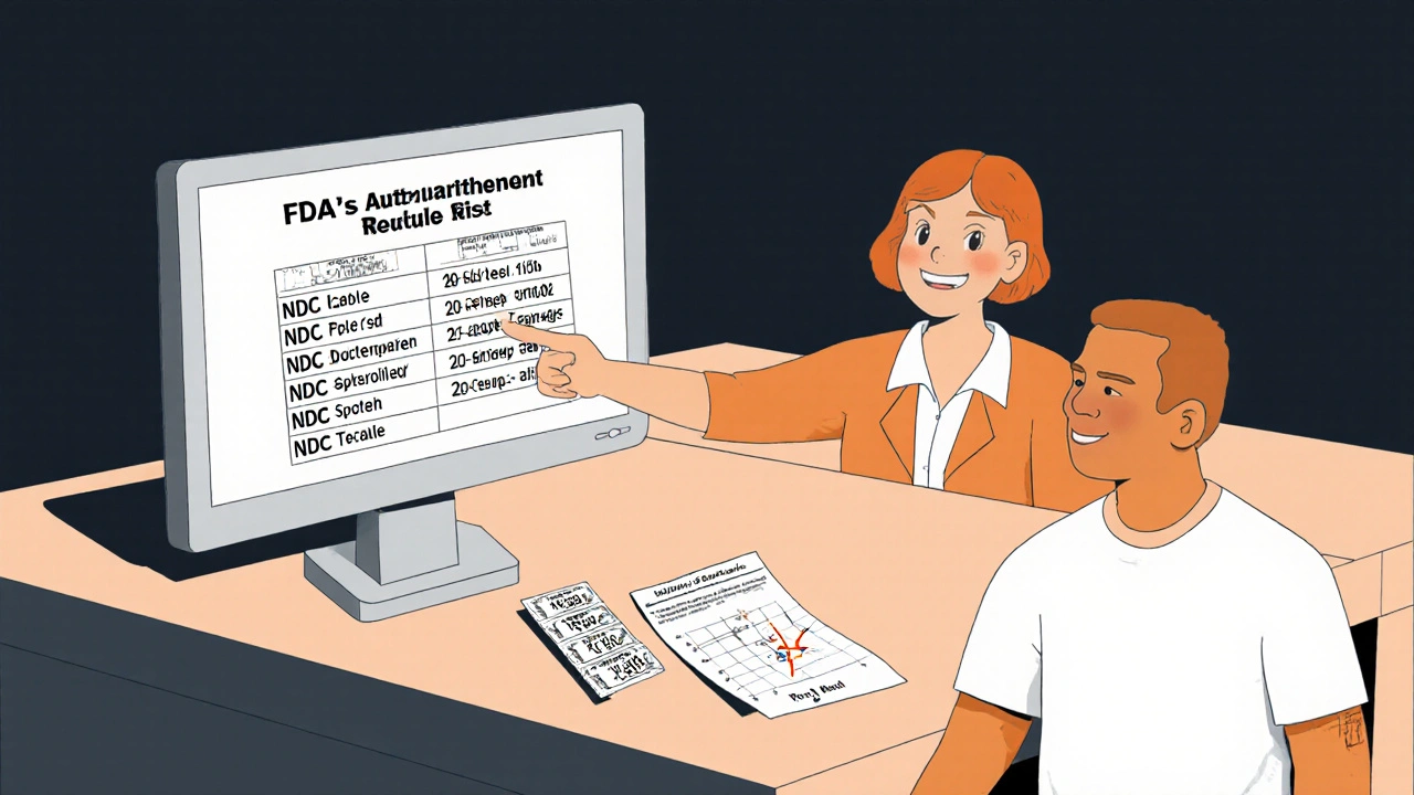 Pharmacist and patient review FDA list on screen, with matching NDC codes visible on counter.