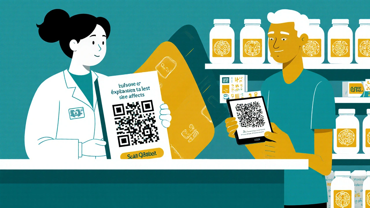 Pharmacist assisting a patient to scan a prescription QR code, with instructions displayed on phone.