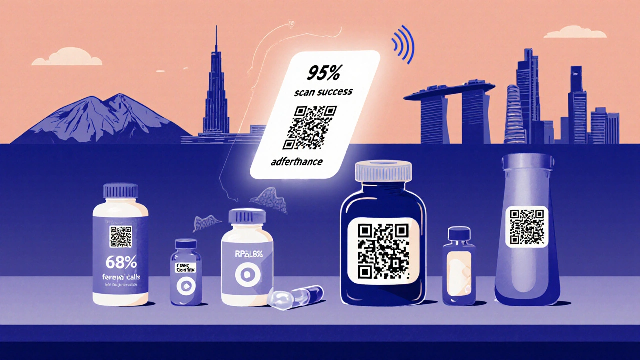 Pharmacy shelf with QR-coded bottles glowing with digital health stats and audio waveforms.