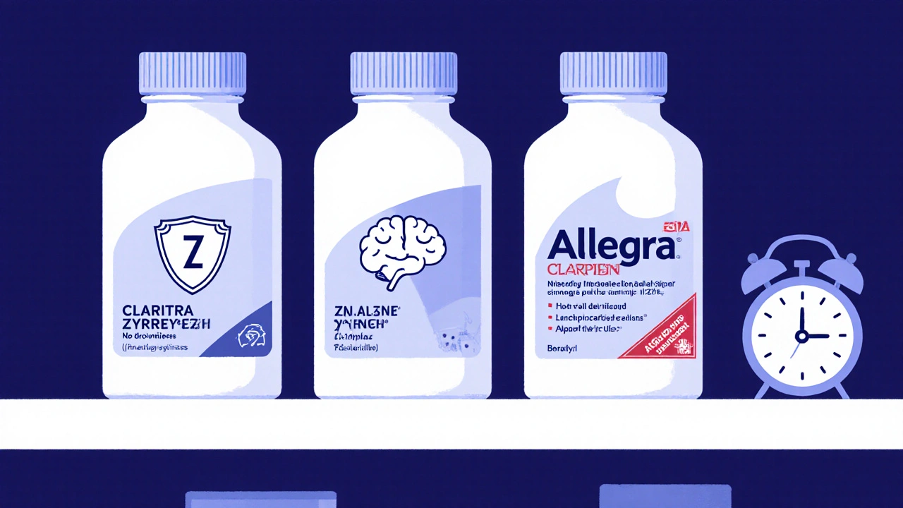 Pharmacy shelf with three OTC antihistamines labeled by effects: Allegra (no drowsiness), Zyrtec (sleepy), Claritin (reliable), first-gen drugs in shadow.