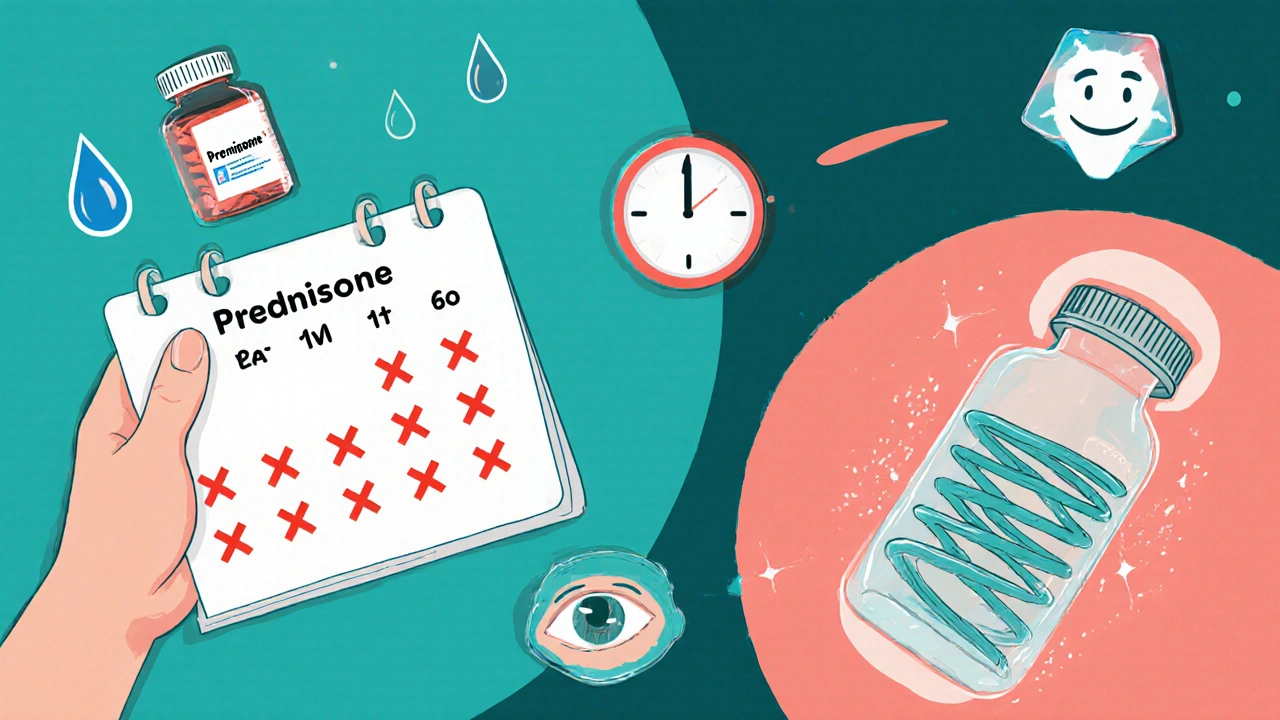 Prednisone pill with healing nerve illustration and 48-hour clock, duotone teal and coral