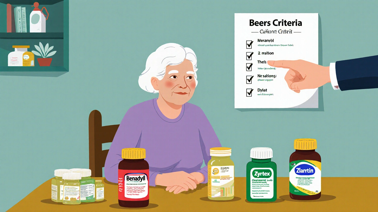 Senior woman at kitchen table with red-flagged Benadryl bottle and safer alternatives nearby.