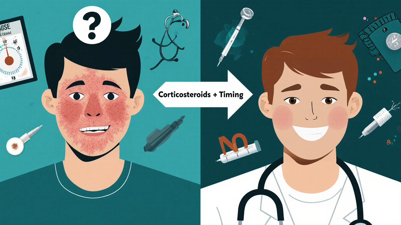 Split image showing recovery from Bell’s palsy with corticosteroid arrow, no alternative therapies
