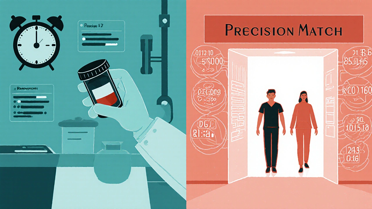 Split lab scene: slow testing on left, fast liquid biopsy on right, patients moving toward trial entrance.