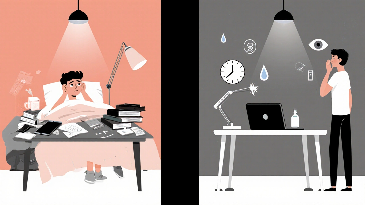 Split scene: messy desk with eye strain vs. ergonomic setup with healthy habits.