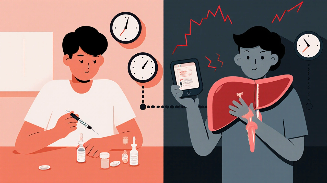 Split scene showing steroid intake and rising blood sugar with CGM alerts, connected by a timeline.