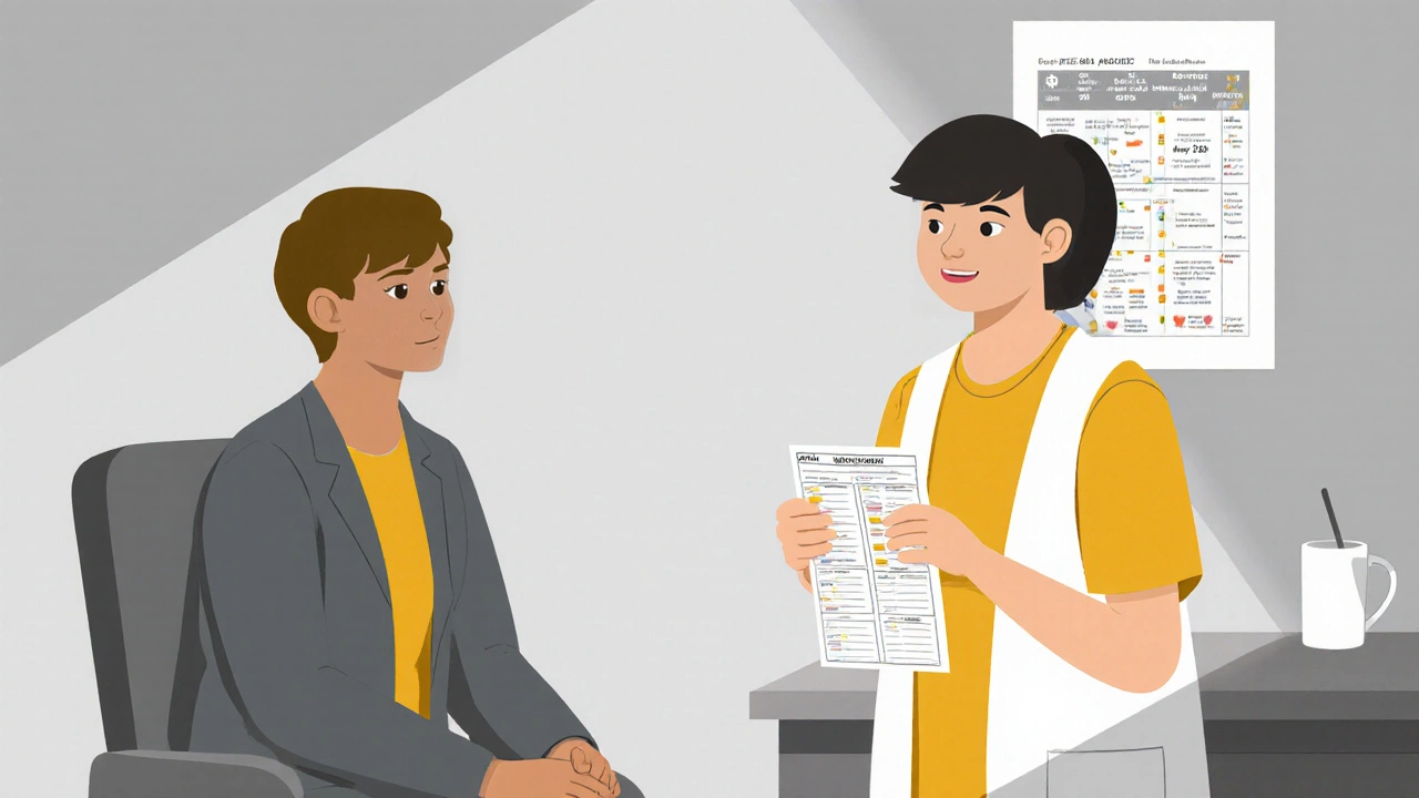 Teen talking to doctor about meds while parent watches quietly