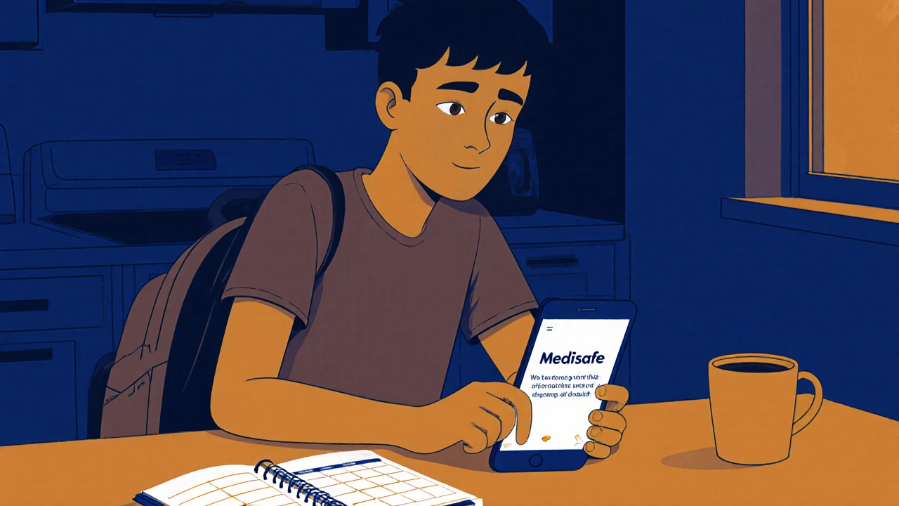 Teen using medication app on phone with pill organizer