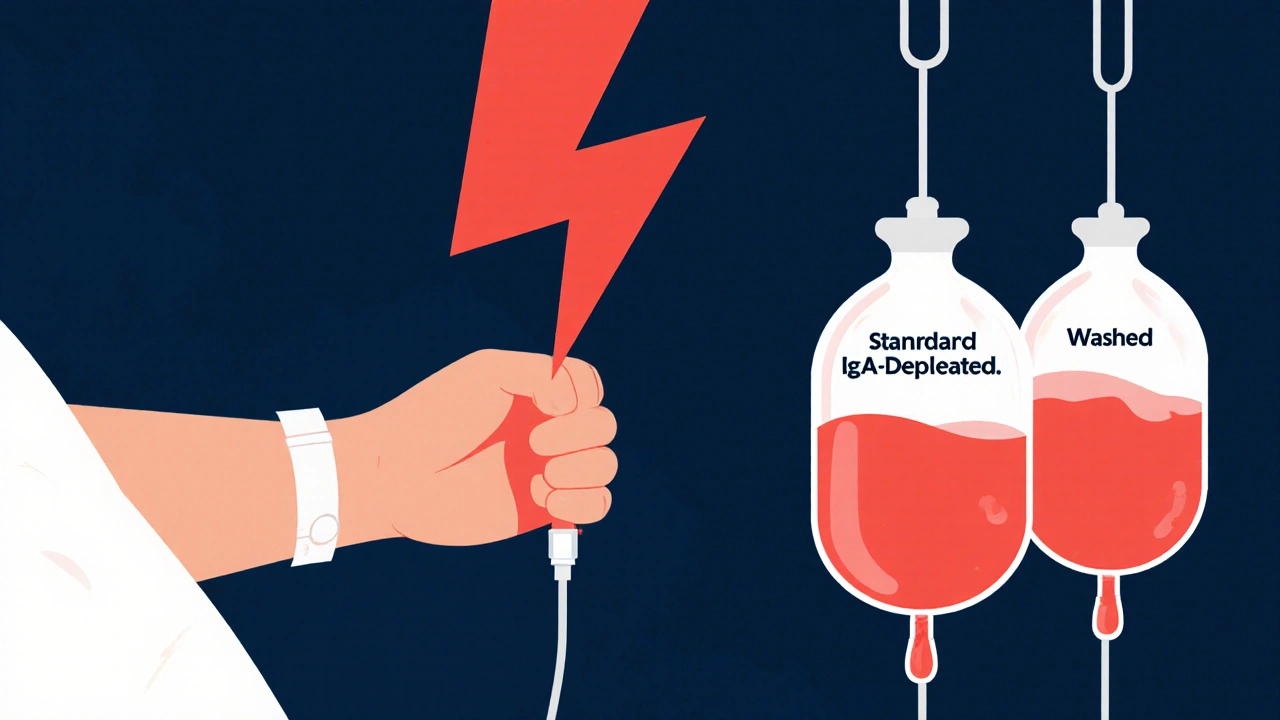 Transfusion scene with dangerous blood bag sparking lightning, safe alternatives glowing nearby.