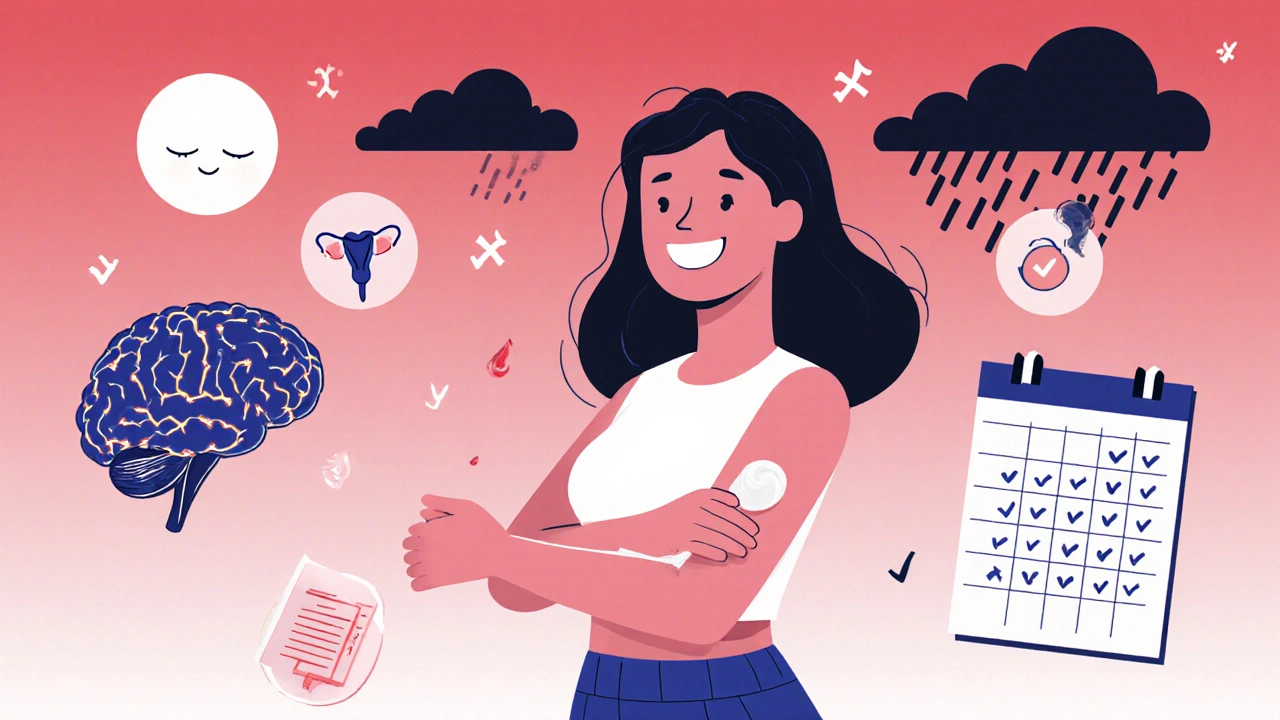 Woman applying progesterone cream as peaceful icons represent improved sleep and memory.