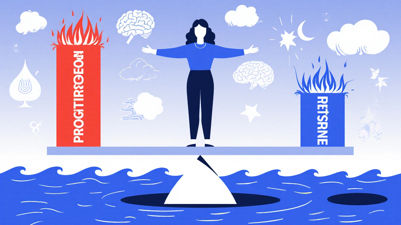 Woman balancing estrogen and progesterone on a seesaw, calming symptoms with harmony.