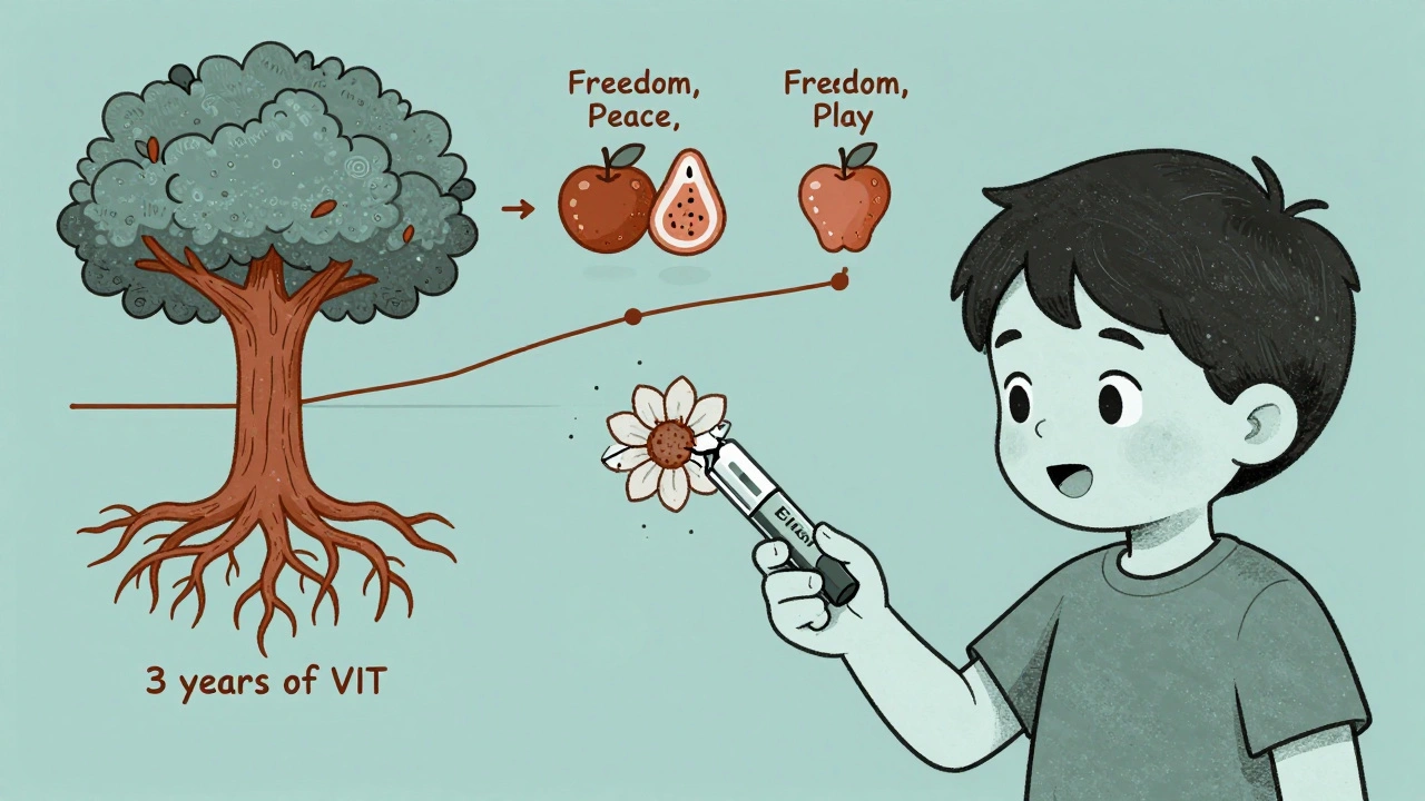 A child holding a broken EpiPen that has become a flower, with a timeline-tree symbolizing years of immunotherapy.