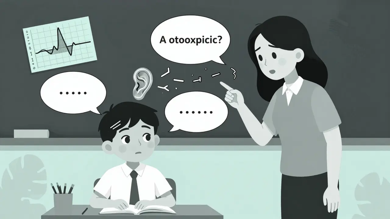 A child in school with muffled sounds and fading hearing cells above his head.