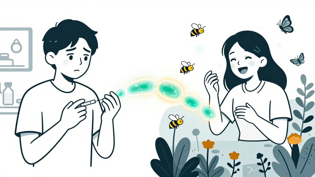 A patient receiving a venom shot at a clinic, transitioning to the same person gardening happily with bees around.