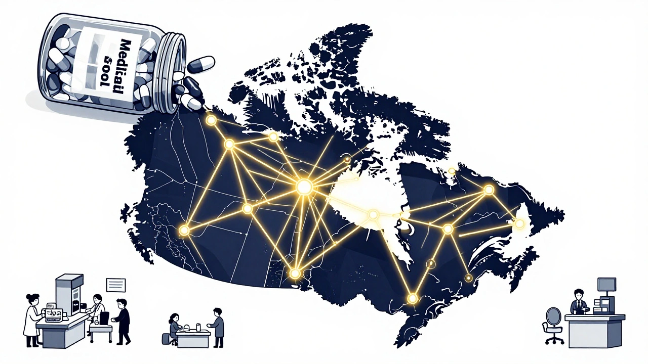 Canadian map with connected provinces forming a drug purchasing network, overflowing with pills in duotone style.