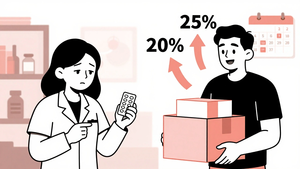 Clinic worker comparing small vs bulk medication orders with discount arrows in duotone illustration.