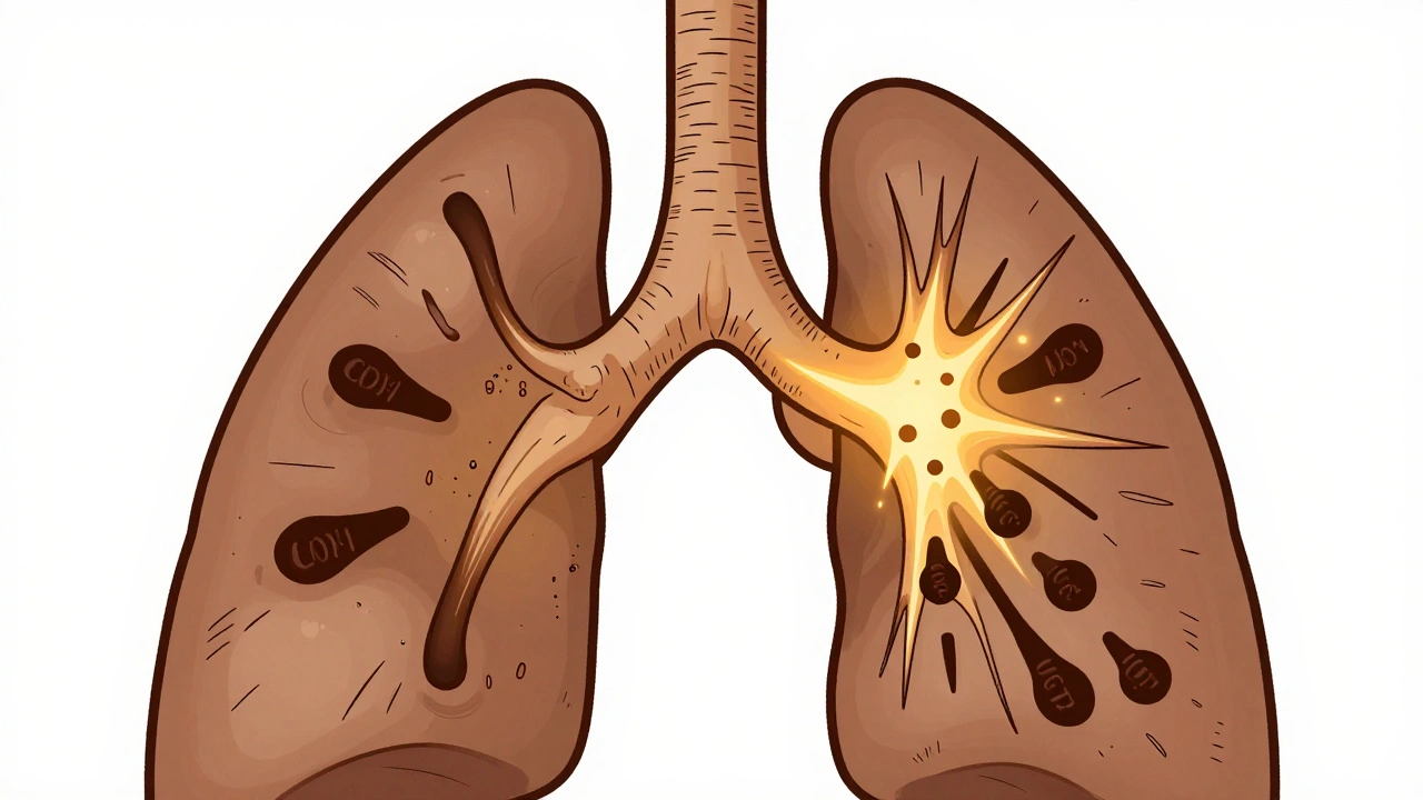 Cross-section of airways and sinuses with inflammatory waves and blocked enzymes, rendered in duotone medical illustration style.