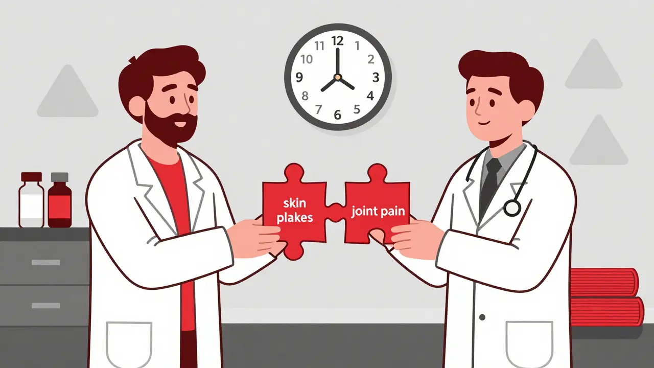 Dermatologist and rheumatologist connecting skin and joint symptoms into a diagnosis.