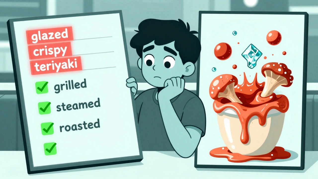 Diner avoiding hidden carbs on menu, with red flags over sugary terms and green checks on healthy cooking methods.