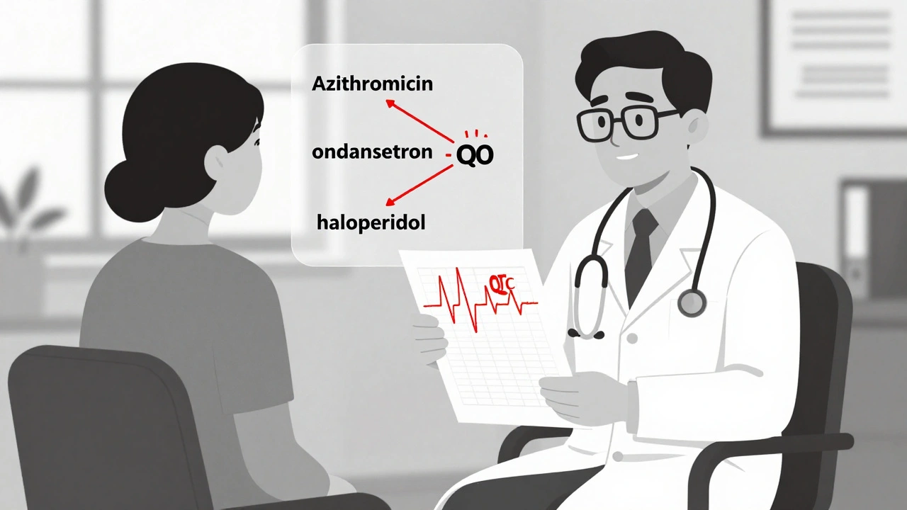 Doctor and patient reviewing an ECG with highlighted QTc value and drug interaction overlay.