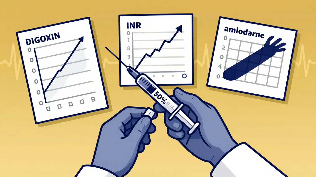 Doctor reducing warfarin dose as floating charts show rising drug levels and lingering amiodarone effects.