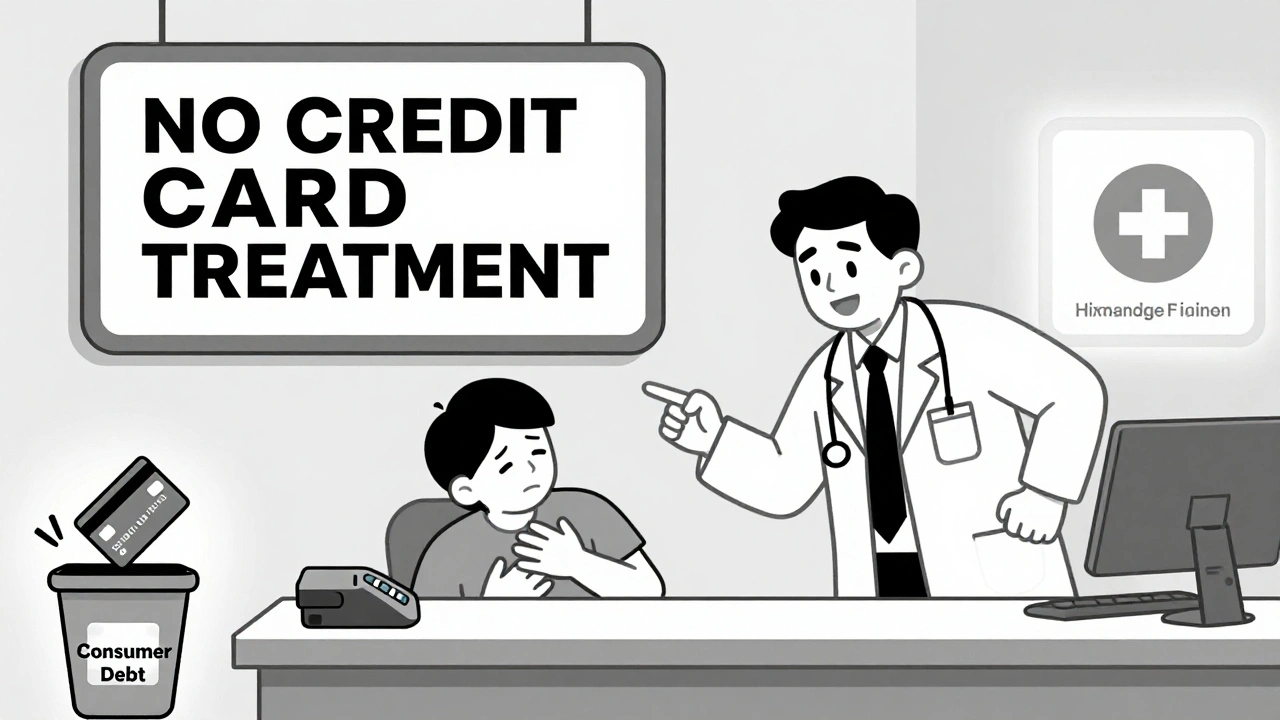 Emergency room staff treating a patient without demanding a credit card, emphasizing patient rights.