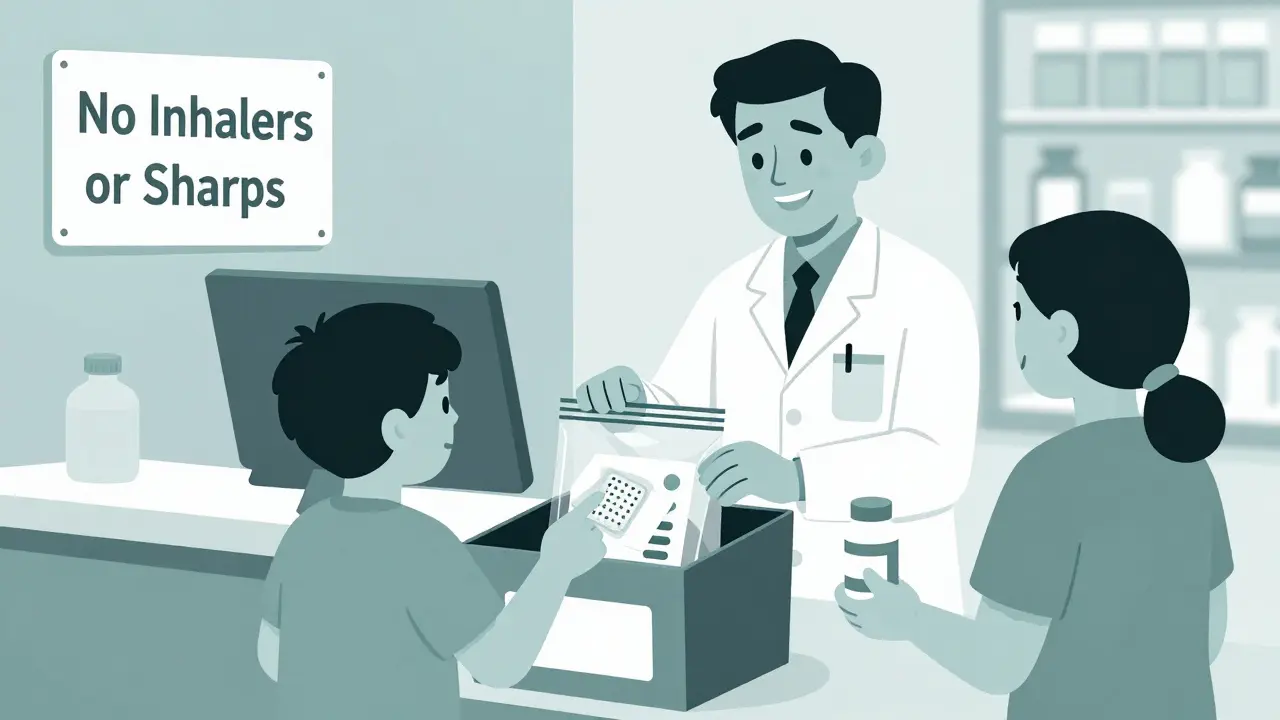 Family dropping off sealed medication bags at a pharmacy take-back bin.