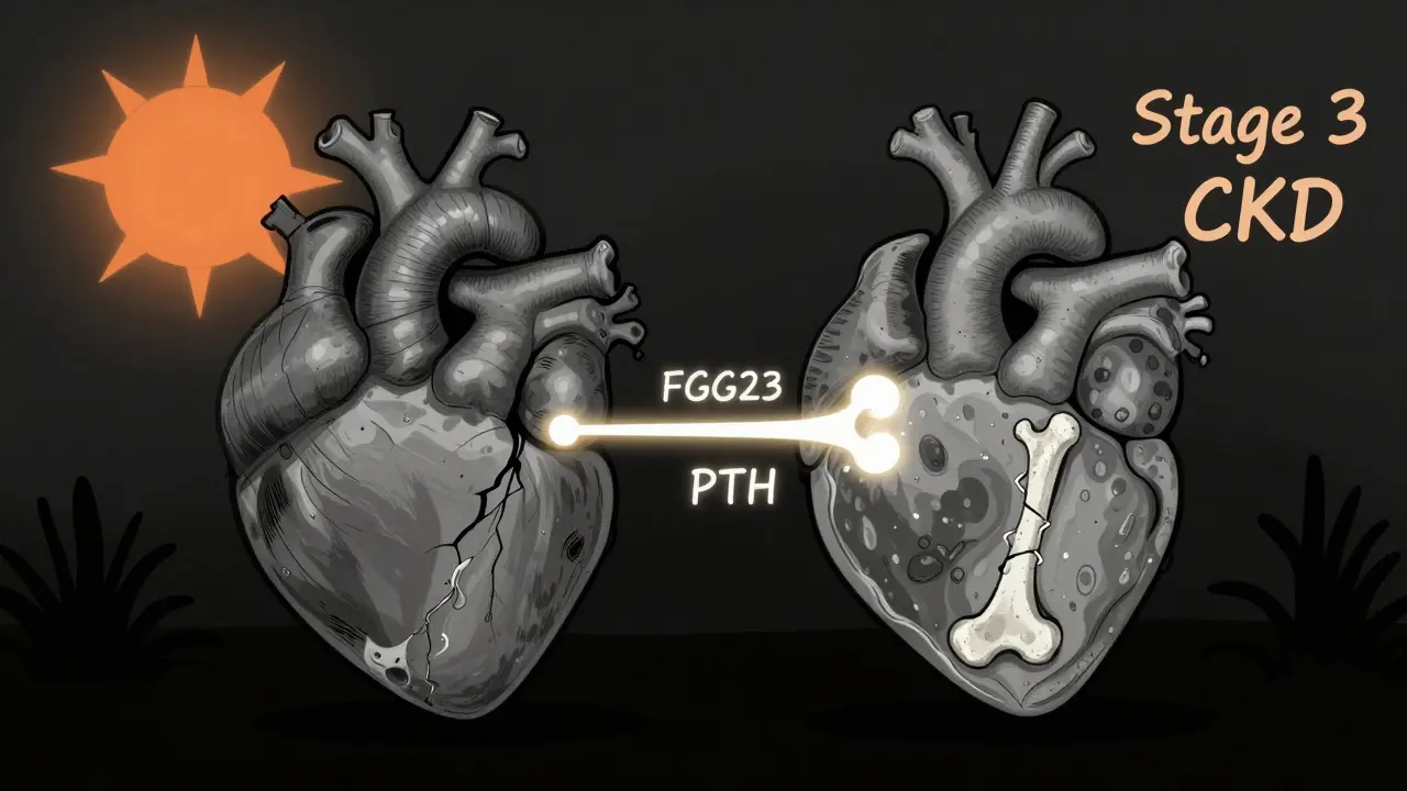 Heart and bone connected by hormonal signals, showing damage from CKD-MBD in duotone style.