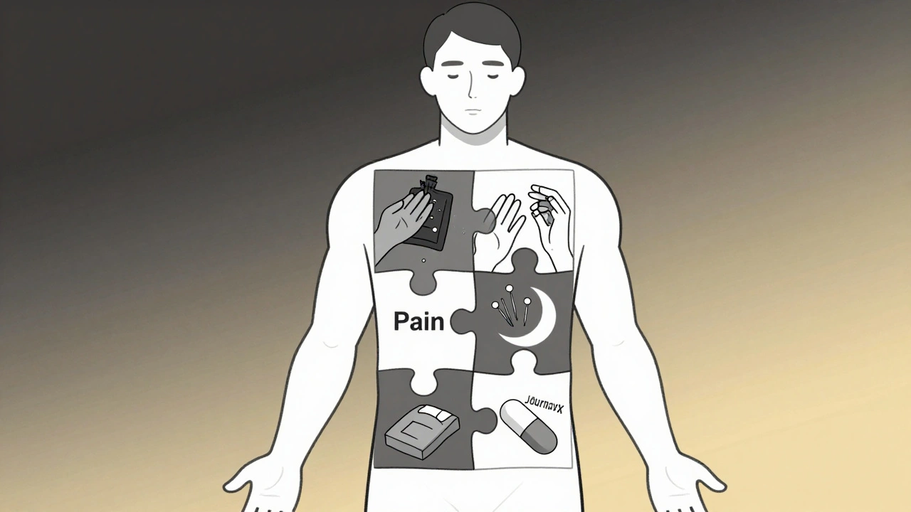 Human body puzzle fixed by non-opioid pain relief methods like therapy, heat, and new medication.