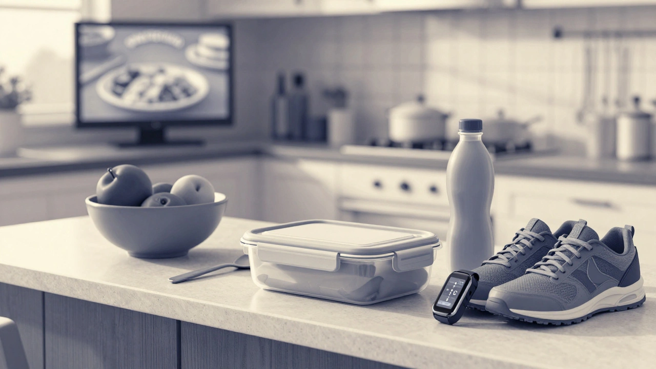 Kitchen counter with planned meals, fruit, and fitness gear under warm sunset light.