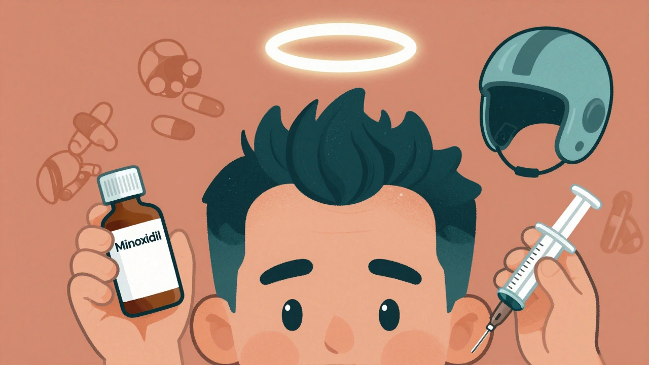 Layered treatment symbols—minoxidil, steroid injection, JAK pills—supporting new hair growth.