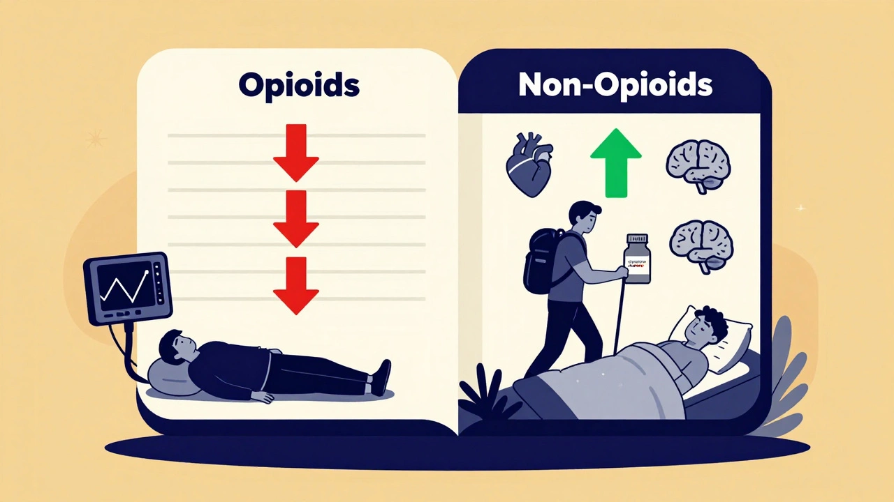 Medical chart comparing opioid risks to non-opioid benefits, shown with color-coded arrows and health icons.