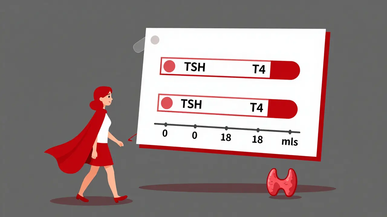 Medical chart with blood test results and thyroid healing over time, shown in duotone cartoon style.