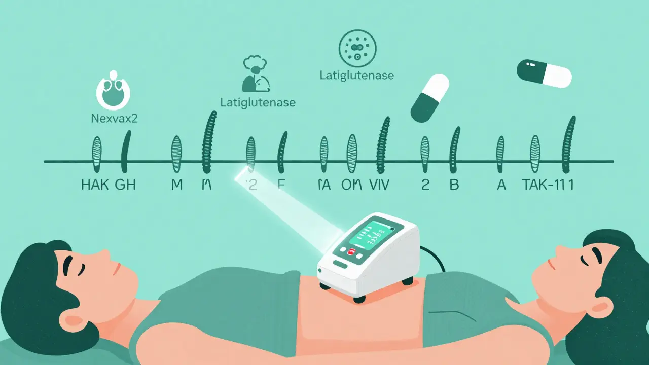 Medical device detecting gluten at 5ppm with healing villi timeline and new therapies in background.