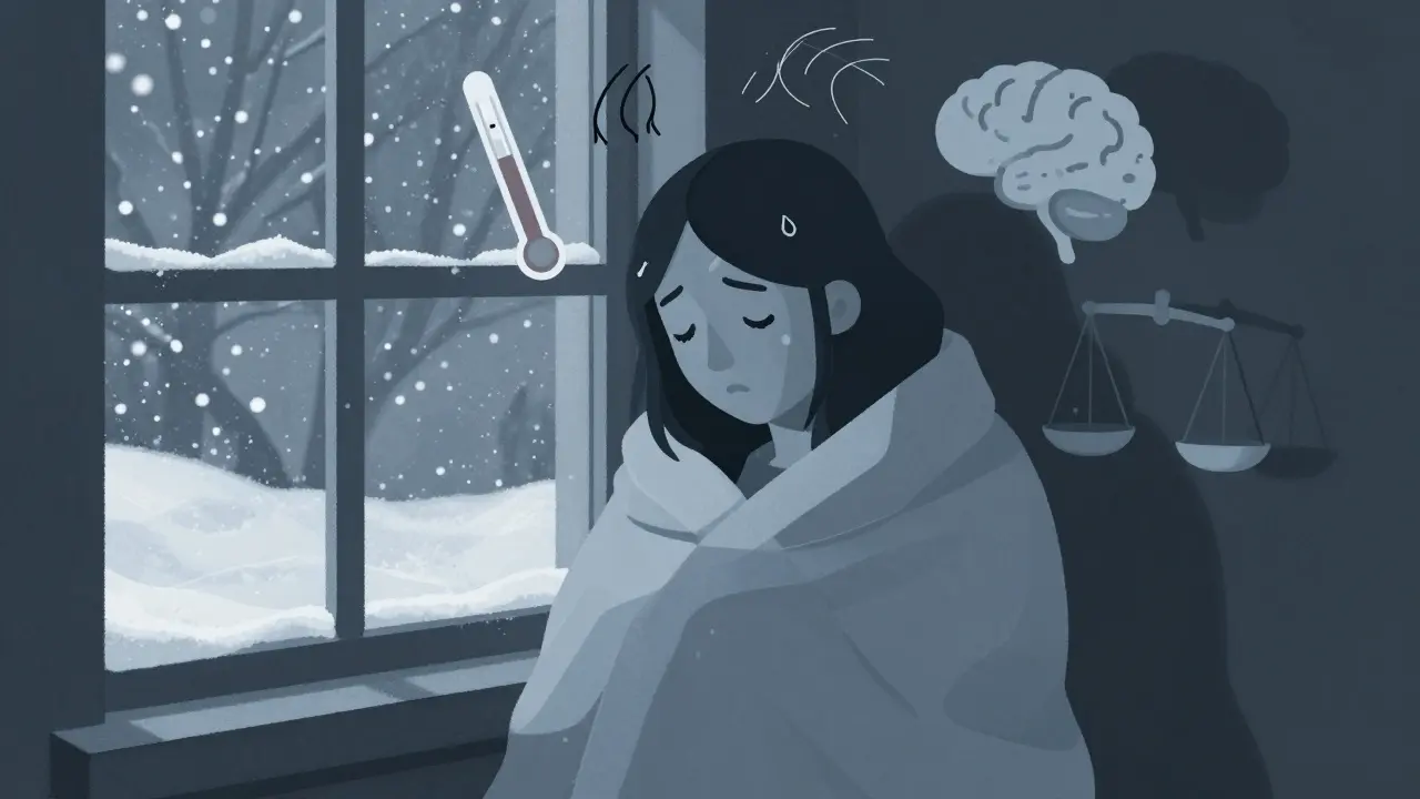 Mother wrapped in blanket, cold tones around her, symbols of hypothyroidism like foggy brain and falling hair.