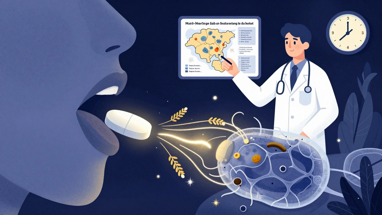 Multi-allergen tablet dissolving above tongue, with allergen proteins absorbed into immune cells in futuristic duotone illustration.