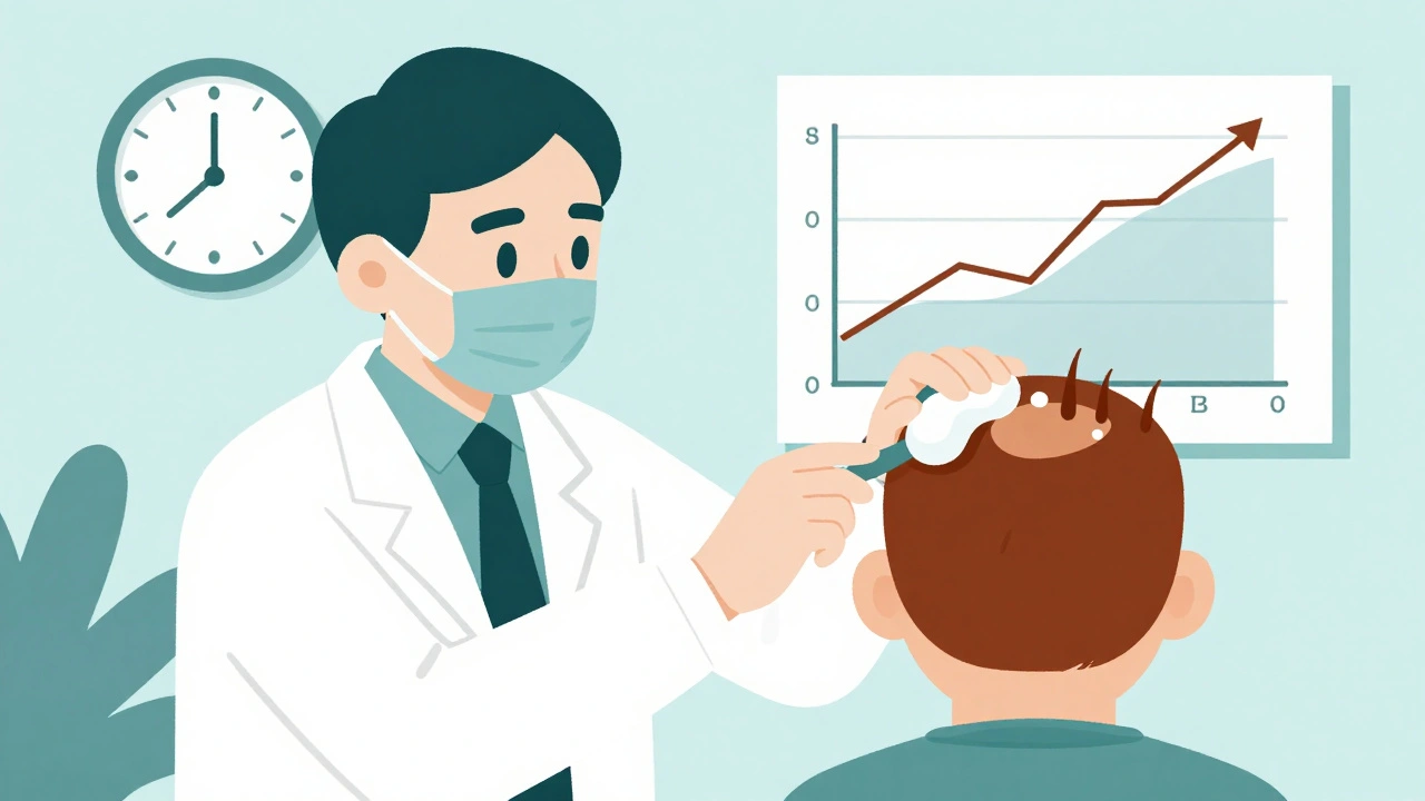 Patient applying minoxidil foam to scalp, with timeline chart showing hair regrowth progress.