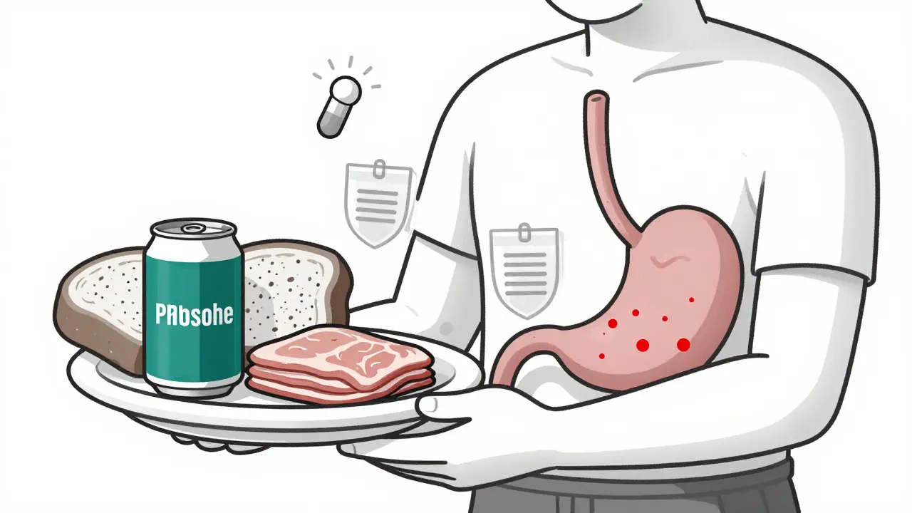 Patient eating food with hidden phosphate, protected by binders and vitamin D, in duotone illustration.