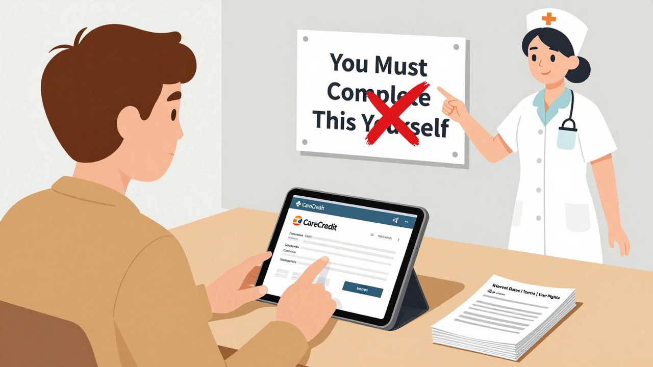 Patient independently filling out a medical financing application while staff are prohibited from assisting.